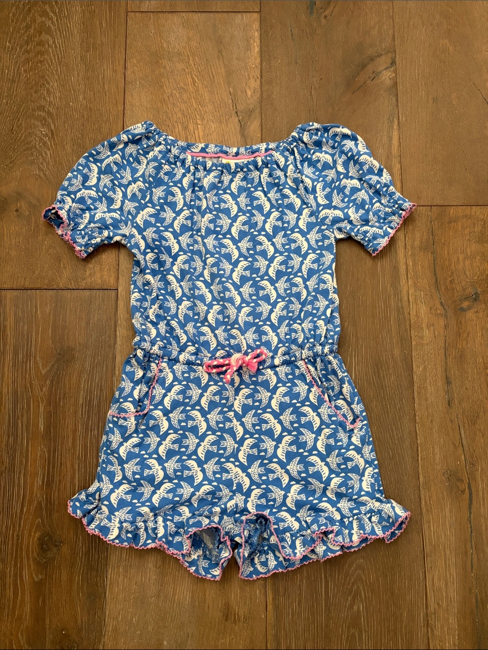 Boden - Girls' Blue Dove Romper with Pink Trim